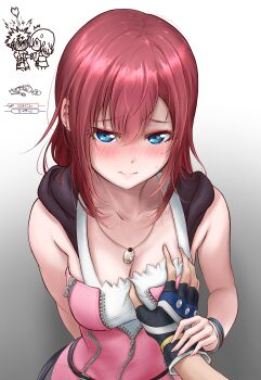 Rule 34 | 1boy, 1girl, absurdres, arm behind back, assertive female, blue eyes, blush, breasts, chibi, cleavage, closed mouth, dress, fainting, fingerless gloves, full-face blush, game over, gameplay mechanics, gloves, grabbing another's breast, gradient background, groping, guided breast grab, guiding hand, hair between eyes, hetero, highres, jewelry, kairi (kingdom hearts), kingdom hearts, kingdom hearts ii, long hair, looking at viewer, medium breasts, multiple views, necklace, o o, partially unzipped, pov, pov hands, red hair, short hair, simple background, sleeveless, smile, sora (kingdom hearts), spiked hair, stubox15, surprised, zipper