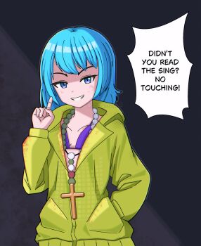 1girl absurdres bikini blood blood_on_clothes blood_on_face blue_eyes blue_hair cross english_text engrish_text grin hands_in_pockets highres jewelry jubilee_2025 latin_cross long_sleeves looking_at_viewer luce_(jubilee_2025) necklace pointing pointing_up raincoat ranguage self-upload shinymochi8 simple_background smile solo speech_bubble swimsuit typo yellow_raincoat