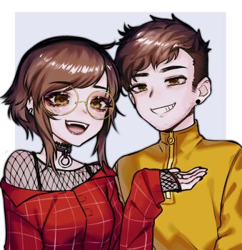 1boy 1girl artist_self-insert breasts brown-framed_eyewear bsapricot choker collarbone fangs glasses highres looking_at_viewer medium_breasts open_mouth original parted_lips round_eyewear short_hair teeth upper_body upper_teeth_only