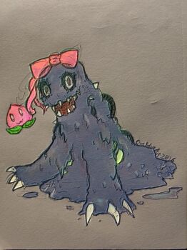 Rule 34 | corehopeart, digimon, digimon (creature), food, fruit, highres, looking at viewer, peach, pink ribbon, raremon, ribbon, sharp teeth, teeth