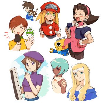 5girls aircraft airship aqua_hair beret blonde_hair blue_eyes blush breasts brown_hair newsboy_cap canvas_(object) closed_eyes crop_top cropped_jacket crotch_plate dark-skinned_female dark_skin data_(mega_man) dirt earrings gloves green_eyes green_hair hair_pulled_back hairband hat highres jacket jewelry karen_(karenoni1031) long_hair medium_breasts mega_man_(series) mega_man_legends_(series) mega_man_legends_2 mega_man_volnutt midriff monkey multiple_boys multiple_girls navel open_mouth parted_lips pink_gloves pink_hairband purple_eyes red_eyes red_jacket roll_caskett_(mega_man) sera_(mega_man) servbot_(mega_man) shirt short_hair simple_background skull_earrings smile spandex tattoo tears the_master_(mega_man) tron_bonne_(mega_man) white_background yellow_shirt