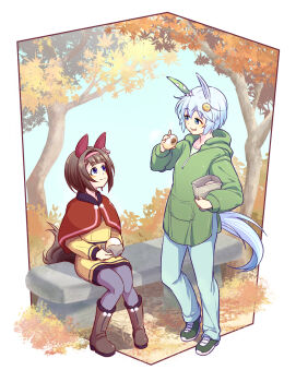 2girls animal_ears autumn_leaves bench blue_eyes blue_pants blue_pantyhose blue_sky blunt_bangs blush boots brown_boots brown_hair capelet closed_mouth dress ear_covers eating flower food green_hoodie grey_hair hair_between_eyes hair_flower hair_ornament hairband hairclip harisenbon_chop highres holding holding_food hood hood_down hoodie horse_ears horse_girl horse_tail leaf long_sleeves looking_at_another multiple_girls nishino_flower_(umamusume) on_bench open_mouth outdoors pants pantyhose pink_hairband purple_eyes red_capelet seiun_sky_(umamusume) shirt shoes short_hair single_ear_cover sitting sky smile steamed_bun sunflower sunflower_hair_ornament tail tree umamusume x_hair_ornament yellow_dress