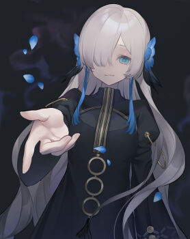 Rule 34 | 1girl, black background, black dress, blue eyes, blue flower, blue hair, blue petals, commentary request, dress, flower, grey hair, hair flower, hair ornament, hair over one eye, highres, isekaijoucho, kamitsubaki studio, long hair, long sleeves, looking at viewer, multicolored hair, offering hand, petals, reaching, reaching towards viewer, simple background, smile, solo, suiri (suiri 02), tassel, two-tone hair, upper body, very long hair, virtual youtuber