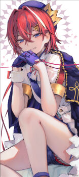 1girl ange_katrina bare_legs beret blue_cape blue_eyes blue_gloves blue_hat blue_shorts cape colored_lapels crossed_bangs crown_hat_ornament eyelashes feet_out_of_frame glove_ribbon gloves gold_trim hair_between_eyes hair_intakes hair_ornament half-closed_eyes half_gloves halo halo_behind_head hands_up hashtag-only_commentary hat highres idol_clothes inaeda_kei interlocked_fingers jacket knee_up lapels long_bangs looking_at_viewer medium_hair multicolored_hair neck_ribbon nijisanji open_mouth own_hands_together red_hair red_ribbon ribbon sanbaka_anniversary_outfit short_sleeves shorts single_wrist_cuff sitting smile solo streaked_hair string_around_finger teeth triangle_hair_ornament twitter_username two-tone_hair virtual_youtuber white_background white_hair white_jacket white_wrist_cuffs wrist_cuffs wrist_ribbon