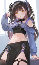 Rule 34 | 1girl, black hair, black skirt, blue nails, blue ribbon, breasts, brown hair, brown thighhighs, commentary, crop top, earrings, hair ribbon, hand up, highres, jewelry, long hair, long sleeves, looking at viewer, medium breasts, midriff, mole, mole under eye, multicolored hair, nail polish, navel, nima (niru54), original, parted lips, puffy long sleeves, puffy sleeves, ribbon, signature, single thighhigh, skirt, sleeves past wrists, solo, stomach, stud earrings, symbol-only commentary, thighhighs, two-tone hair, two side up, very long hair, window