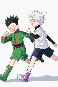 2boys belt black_belt black_shirt blue_shorts blush boots closed_eyes commentary_request foot_out_of_frame full_body gon_freecss green_boots green_hair green_jacket green_shorts highres hunter_x_hunter jacket killua_zoldyck layered_sleeves long_sleeves male_focus multiple_boys open_mouth running sevenlistening shirt short_over_long_sleeves short_sleeves shorts simple_background white_background white_hair white_shirt
