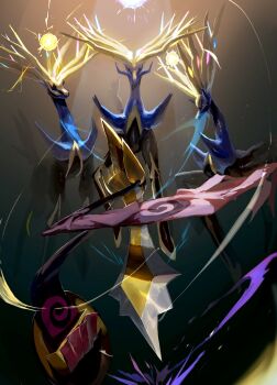 aegislash antlers blue_eyes gen_6_pokemon hakumogera highres holding holding_shield horns legendary_pokemon nintendo no_humans pokemon pokemon_(creature) pokemon_focus shield sword weapon xerneas