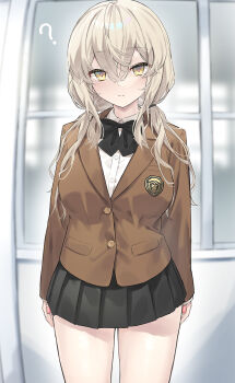 1girl ? black_bow black_skirt blazer blush bow breasts brown_hair brown_jacket collared_shirt dress_shirt hair_between_eyes highres jacket large_breasts long_hair long_sleeves looking_at_viewer low_twintails original peragura pleated_skirt school_uniform shirt skirt solo twintails white_shirt yellow_eyes