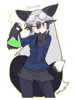 1girl animal_ears black_gloves black_necktie black_pantyhose black_skirt black_tail blazer blue_coat blush blush_stickers coat coke-bottle_glasses commentary_request cropped_legs fox_ears fox_girl fox_tail fur-trimmed_gloves fur_trim glasses gloves hand_on_own_chin holding holding_test_tube jacket kemono_friends long_hair multicolored_hair necktie ocdbpd one_eye_closed pantyhose pleated_skirt sidelocks silver_fox_(kemono_friends) skirt solo tail test_tube twitter_username two-tone_hair white_background yellow_eyes