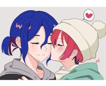1boy 1girl amate_yuzuriha blue_hair blush closed_eyes closed_mouth colored_inner_hair commentary_request couple gundam gundam_gquuuuuux hat heart hetero highres hood hoodie jyujyunashi kiss kissing_cheek long_sleeves multicolored_hair purple_hair red_hair scarf shirt short_hair shuji_ito simple_background smile two-tone_hair zoom_layer