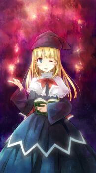 1girl blonde_hair blue_eyes blush book female_focus hat long_hair looking_at_viewer madou_monogatari one_eye_closed puyopuyo smile solo wink witch witch_(puyopuyo) yakka