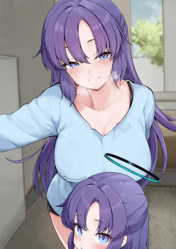 Rule 34 | 2girls, absurdres, aged down, arm behind back, awnw, black shorts, blue archive, blue eyes, blue shirt, blush, bra strap, breasts, cleavage, closed mouth, collarbone, commentary request, dot mouth, hair between eyes, halo, highres, indoors, large breasts, long hair, long sleeves, looking at viewer, mechanical halo, multiple girls, multiple persona, purple hair, shirt, shorts, sidelocks, smile, tree, yuuka (blue archive)