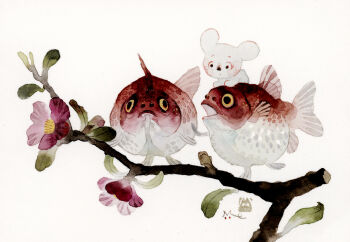 animal animal_focus branch commentary_request fish flower flying_fish myun_(moukin_no_ana) no_humans original purple_flower simple_background white_background