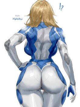 !? 1girl ass backboob blonde_hair bodysuit breasts commentary cowboy_shot from_behind hand_on_own_hip highres igiroitsu large_breasts marvel marvel_rivals medium_hair simple_background solo standing sue_storm thigh_gap twitter_username watermark white_background