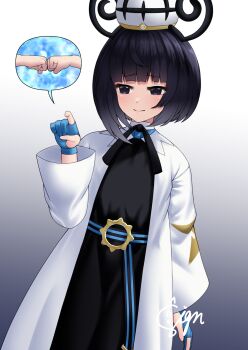 1girl belt belt_buckle black_dress black_hair blue_gloves bob_cut buckle closed_mouth coat commentary_request dress fist_bump gloves gradient_hair gwynn_(pokemon) hat highres long_sleeves looking_at_viewer mega_stone multicolored_hair nintendo o-ring o-ring_belt open_clothes open_coat partially_fingerless_gloves pokemon pokemon_legends:_z-a purple_eyes purple_hair short_hair signature signdasuyo simple_background smile solo white_coat