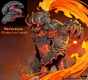 1girl absurdres antennae backpack bag commentary dress english_commentary english_text fireball frilled_dress frills glowing glowing_eyes highres lava monster_girl original plume rappenem reference_inset scaly-foot_snail snail_girl solo species_name wide_hips