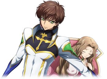 1boy 1girl arm_at_side artist_request blue_gloves bodysuit braid brown_hair chair choker closed_eyes closed_mouth code_geass code_geass:_lost_stories collarbone covered_collarbone cropped_torso dutch_angle earpiece game_cg gloves gold_trim green_eyes hair_intakes half_up_braid hands_up high_collar kururugi_suzaku long_hair looking_at_viewer non-web_source nunnally_vi_britannia official_art on_chair outstretched_arm own_hands_together protecting purple_choker raised_eyebrows serious short_hair sidelocks simple_background sitting standing transparent_background u_u upper_body v-shaped_eyebrows white_bodysuit