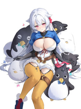 1girl absurdres black_gloves blue_shrug breasts cleavage closed_mouth commentary_request flower fur-trimmed_leotard fur_trim gloves hair_flaps hair_flower hair_ornament head_tilt highres large_breasts leotard long_hair looking_at_viewer pom_pom_(clothes) red_eyes red_ribbon ribbon sherlock_(stella_sora) shrug_(clothing) sitting snowflake_brooch solo stella_sora stuffed_animal stuffed_penguin stuffed_toy thigh_strap very_long_hair white_hair white_leotard yellow_leggings yinghuahua