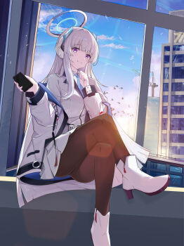 Rule 34 | 1girl, absurdres, blue archive, blue necktie, boots, commentary request, crossed legs, formal clothes, frilled pajamas, frills, halo, headgear, high heel boots, high heels, highres, holding, holding phone, index finger raised, jacket, jacket partially removed, long hair, looking at viewer, mechanical halo, necktie, noa (blue archive), pajamas, phone, purple eyes, sitting, solo, suit, two-sided fabric, two-sided jacket, user wymn7858, white hair, white halo, white jacket, white pajamas, white suit