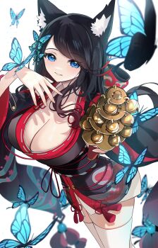 1girl absurdres azur_lane black_hair black_kimono blue_butterfly blue_eyes breasts bug butterfly butterfly_on_hand cleavage commentary_request fusou_(azur_lane) highres insect japanese_clothes kimono large_breasts long_hair long_sleeves looking_at_viewer red_trim simple_background solo thighhighs white_background white_thighhighs wide_sleeves yamaha_tsui
