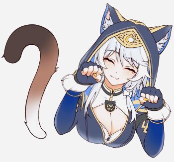 1girl :3 ^_^ animal_ear_fluff animal_ears animal_hood bow braid breasts cat_ears cat_girl cat_hood cat_tail charm_(object) choker cipher_(honkai:_star_rail) cleavage closed_eyes commentary fingerless_gloves gloves grey_hair hair_bow highres honkai:_star_rail honkai_(series) hood large_breasts mole mole_on_breast nail_polish puyopuyo_10 symbol-only_commentary tail white_background