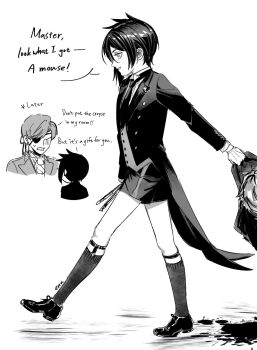 2boys age_switch aged_down aged_up black_hair blood butler child ciel_phantomhive corpse ena33333333 eyelashes eyepatch gloves highres kuroshitsuji male_focus multiple_boys sebastian_michaelis shirt short_hair victorian