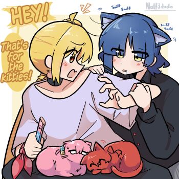4girls ^_^ absurdres animal_ear_fluff animalization black_shirt blonde_hair blue_hair blush bocchi_the_rock! cat cat_girl choker closed_eyes collarbone cube_hair_ornament drooling ear_wiggle english_text fang gotoh_hitori green_eyes grey_choker hair_between_eyes hair_ornament hairclip hand_on_another's_arm highres ijichi_nijika kita_ikuyo long_hair long_sleeves mole mole_under_eye multiple_girls nattydodo_002 open_mouth orange_eyes parallel_hairclips pink_hair ponytail profile red_hair shirt short_hair short_sleeves side_ahoge single_sidelock skin_fang smelling sparkle speech_bubble talking tongue tongue_out turning_head white_shirt yamada_ryo
