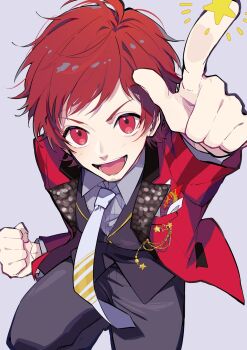 1boy arm_up clenched_hand collared_shirt facial_hair goatee_stubble grey_background grey_pants grey_shirt highres idolmaster idolmaster_side-m index_finger_raised jacket long_sleeves looking_at_viewer male_focus necktie nekoma_hikaru open_mouth pants red_eyes red_hair red_jacket shirt short_hair simple_background solo stubble tendo_teru
