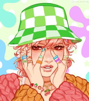 1boy androgynous aqua_background aqua_nails blue_background blush bracelet brown_eyeliner brown_eyes bucket_hat butterfly_ring chain chain_necklace checkered_hat cherry_necklace collarbone colorful commentary english_commentary eyelashes eyeliner eyeshadow eyeshadow_under_eye face_piercing fashion floral_background flower_ring food-themed_bracelet gold_necklace gold_ring green_background green_hat green_nails hands_on_own_cheeks hands_on_own_face hat heart_ring highres jared_(uneventide) jewelry knit_sweater labret_piercing lipgloss lips looking_ahead makeup multicolored_nails multicolored_rings multiple_rings necklace nose original ornate_ring parted_lips pearl_bracelet peeking_through_fingers piercing pink_background pink_hair pink_nails pink_sweater pixie_cut polka_dot polka_dot_background red_nails ring short_hair solo star_(symbol) star_symbol_background sweater teeth thick_lips trap twitter_username two-tone_hat two-tone_sweater uneventide upper_body wavy_hair white_background white_hat yellow_sweater