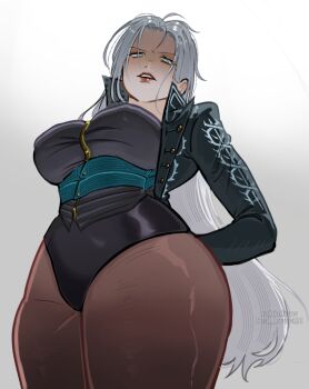 1girl blue_eyes breasts coat devil_may_cry_(series) devil_may_cry_5 from_below genderswap genderswap_(mtf) grey_hair hair_between_eyes highres long_hair long_sleeves looking_down open_mouth seal_lover420 simple_background solo standing vergil_(devil_may_cry) white_background white_hair