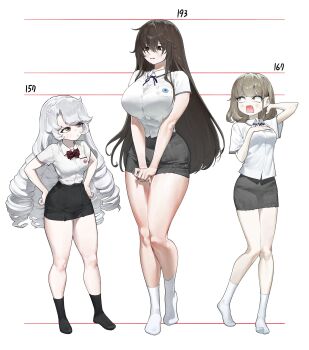 3girls blush bow bowtie breasts curly_hair ghdwid hair_between_eyes tucking_hair hand_on_own_hip height_chart height_comparison height_conscious height_difference highres large_breasts long_hair medium_breasts multiple_girls nervous_sweating open_mouth original pencil_skirt school_uniform shirt_tucked_in skirt socks standing sweat