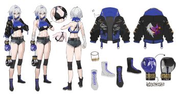 1girl absurdres bandaged_arm bandages bare_shoulders black_boots black_jacket black_shorts black_sports_bra blue_hair boots breasts cleavage clenched_hand colored_inner_hair commentary english_commentary galbrena_(wuthering_waves) grey_hair guest_art hair_between_eyes hand_up highres hood hood_down hooded_jacket jacket knee_guards looking_at_viewer maenoo medium_breasts medium_hair multicolored_hair multiple_views navel purple_eyes reference_sheet shorts sports_bra stomach tacet_mark_(wuthering_waves) toned toned_female wuthering_waves