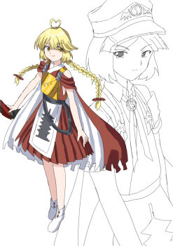 Rule 34 | 2others, absurdres, adoptive siblings, androgynous, anime coloring, antenna hair, armor, badge, bare arms, bare shoulders, belt, black belt, blonde hair, blunt bangs, bow, bow (weapon), braid, breastplate, brooch, cape, closed mouth, collared shirt, commentary request, cowboy shot, detached sleeves, determined, dot nose, eyes visible through hair, fujiwara no shirogane no sanra, hair between eyes, hair bow, hakama, hakama short skirt, hakama skirt, hat, heart antenna hair, highres, holding, holding bow (weapon), holding weapon, japanese clothes, jewelry, kimono, kurokoge karubi, len'en, long hair, looking at viewer, low twin braids, military hat, military uniform, multiple others, neck ribbon, ooama no ake no mitori, other focus, pagoda, parted bangs, peaked cap, pointy nose, print headwear, print tabard, projected inset, red bow, red cape, red hakama, red kimono, red sleeves, ribbon, ribbon-trimmed socks, ribbon trim, shirt, shirt under dress, short kimono, short sleeves, simple background, skirt, sleeveless, sleeveless kimono, smirk, smug, socks, standing, star (symbol), tabard, tsurime, twin braids, two-sided cape, two-sided fabric, v-neck, very long hair, weapon, white background, white cape, white socks, white tabard, wing print, yellow eyes, yin yang, yin yang print