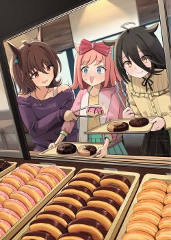 Rule 34 | 3girls, agnes digital (casual) (umamusume), agnes digital (umamusume), agnes tachyon (casual) (umamusume), agnes tachyon (umamusume), ahoge, animal ears, black hair, blue eyes, blush, bow, breasts, brown hair, coralreef966, earrings, hair between eyes, hair bow, highres, horse ears, horse girl, jewelry, long hair, long sleeves, manhattan cafe (casual) (umamusume), manhattan cafe (umamusume), medium hair, multiple girls, necklace, off-shoulder shirt, off shoulder, open mouth, pink hair, purple shirt, red eyes, shirt, single earring, smile, umamusume, yellow eyes