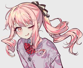1other ;d aimi_(mimi_nii2) akiyama_mizuki arms_at_sides black_bow blush bow bowtie buttons cable_knit cardigan collared_shirt diagonal-striped_bow diagonal-striped_bowtie diagonal-striped_clothes drill_hair drill_ponytail drill_sidelocks grey_background hair_bow hashtag-only_commentary heart high_ponytail highres leaning_forward long_hair looking_at_viewer one_eye_closed open_mouth other_focus pink_eyes pink_hair ponytail project_sekai purple_cardigan red_bow red_bowtie shirt sidelocks simple_background smile solo striped_bow striped_bowtie striped_clothes swept_bangs two-tone_bow upper_body v-shaped_eyebrows white_bow white_shirt