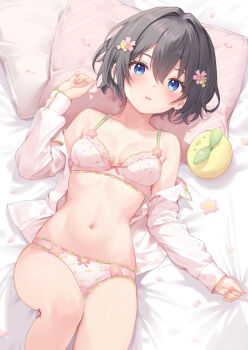 1girl arisugawa_riu bare_shoulders bed_sheet blush bow bow_bra bow_panties bra brown_hair collarbone dot_nose double-parted_bangs feet_out_of_frame flower from_above hair_flower hair_ornament highres long_sleeves looking_at_viewer lying navel on_back open_clothes open_shirt original panties parted_lips pillow pink_pillow pink_shirt print_bra print_panties rebun shirt short_hair sidelocks solo strap stuffed_toy underwear