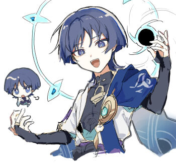 1boy black_bodysuit black_bow black_bridal_gauntlets black_hair blue_gemstone blue_halo blue_kimono blue_sleeves blunt_ends bodysuit bow bridal_gauntlets bright_pupils chibi chibi_inset cropped_torso crossed_arms eyeliner eyeshadow feathers furisode gem genshin_impact gold gold_ring halo halo_behind_head hand_up japanese_clothes juban kimono layered_sleeves looking_at_viewer makeup male_focus mandarin_collar middle_ring multicolored_hair open_clothes open_hands open_kimono open_mouth pom_pom_(clothes) puff_of_air purple_eyes purple_hair red_eyeliner red_eyeshadow scaramouche_(genshin_impact) short_sleeves shoulder_peek sketch solo streaked_hair teeth tongue tsurime upper_teeth_only vortex wamin wanderer_(genshin_impact) white_background white_hair white_kimono white_pupils white_sleeves wispy_bangs yellow_feathers