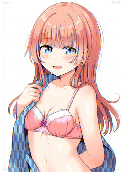 1girl absurdres artist_name betock blue_eyes blush bra breasts collarbone heart heart_in_eye highres long_hair looking_at_viewer medium_breasts open_mouth original pink_bra pink_hair simple_background solo symbol_in_eye underwear undressing unmoving_pattern upper_body white_background yagasuri