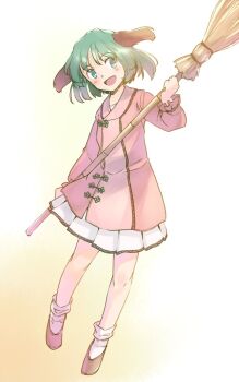 1girl :d animal_ears bamboo_broom blush broom brown_shoes commentary_request dog_ears dress full_body green_eyes green_hair holding holding_broom kasodani_kyouko knees one-hour_drawing_challenge open_mouth pankou pink_dress pleated_skirt rangycrow shoes sideways_glance skirt smile socks solo touhou white_skirt white_socks yellow_background