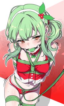 1girl absurdres ball_gag bare_shoulders bdsm blush bondage bound breast_bondage breasts brown_eyes christmas collarbone commentary crop_top crying crying_with_eyes_open drooling english_commentary gag gagged green_hair highres long_hair looking_at_viewer navel original panties red_panties santa_costume shibari shibari_over_clothes skindentation small_breasts solo standing stomach tears thigh_gap tiedtiki underwear
