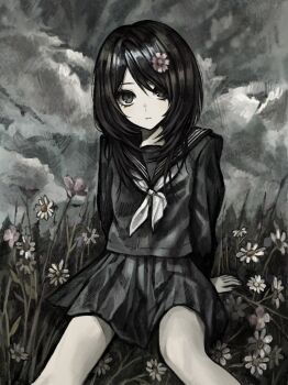 1girl arm_support black_eyes black_hair black_sailor_collar black_serafuku black_shirt black_skirt closed_mouth cloud cloudy_sky daisy_(flower) expressionless feet_out_of_frame flower gd783hhh grass grey_sky hair_flower hair_ornament highres long_sleeves looking_at_viewer medium_hair neckerchief on_grass original outdoors pink_flower sailor_collar school_uniform serafuku shirt sitting skirt sky solo swept_bangs white_flower white_neckerchief