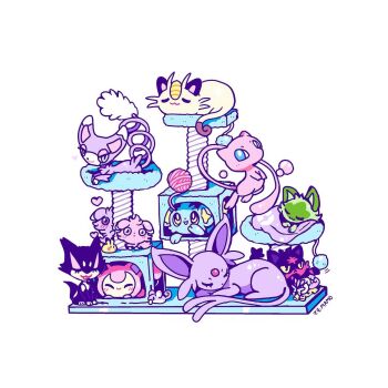 Rule 34 | alternate color, animal focus, artist name, blanket, blush, cat, cat tower, commentary, english commentary, espeon, espurr, gen 1 pokemon, gen 2 pokemon, gen 3 pokemon, gen 4 pokemon, gen 5 pokemon, gen 6 pokemon, gen 7 pokemon, glameow, highres, legendary pokemon, litten, mamobot, meowth, mew (pokemon), mythical pokemon, nintendo, no humans, pikachu, pokemon, pokemon (creature), pokemon focus, purrloin, raikou, rattata, shinx, shiny and normal, shiny pokemon, skitty, sleeping, sprigatito, white background, yarn