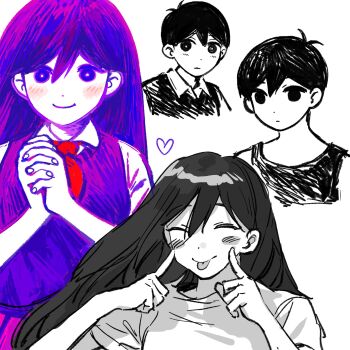 2boys 2girls :p ^_^ antenna_hair black_hair blush bright_pupils brother_and_sister bu3hgg closed_eyes closed_mouth collared_shirt colored_skin cropped_torso dot_nose double-parted_bangs dual_persona empty_eyes fingernails fingers_to_cheeks hair_behind_ear hair_between_eyes hands_up hatching_(texture) highres index_fingers_raised interlocked_fingers long_hair looking_at_viewer mari_(headspace)_(omori) mari_(omori) mari_(spirit)_(omori) multiple_boys multiple_girls neckerchief no_pupils omori omori_(omori) own_hands_clasped own_hands_together pink_skirt purple_eyes purple_hair purple_sweater_vest red_neckerchief shirt short_hair short_sleeves siblings simple_background skirt smile spoilers straight_hair sunny_(omori) sweater_vest tank_top tongue tongue_out upper_body very_short_hair white_background white_pupils white_shirt white_skin
