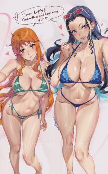2girls bare_legs bikini black_hair blue_bikini blue_eyes blush breasts brown_eyes cleavage collarbone commentary english_commentary eyewear_on_head feet_out_of_frame floral_print floral_print_bikini green_bikini halterneck heart heart-shaped_pupils height_difference highres knees large_breasts liremi long_hair looking_at_viewer multiple_girls nami_(one_piece) navel nico_robin one_piece orange_hair parted_lips print_bikini shoulder_tattoo side-tie_bikini_bottom sidelocks signature speech_bubble standing stomach sunglasses swimsuit symbol-shaped_pupils tattoo wavy_hair
