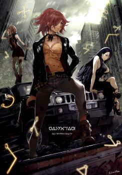 3girls belt black_eyes black_hair blood blood_on_arm blood_on_face blood_on_leg boots breasts brown_eyes building camisole car cellphone cinderella_(sinoalice) closed_mouth cloud cloudy_sky crossed_legs dark_skin dress from_below grey_sky gun hair_over_one_eye hand_in_pocket handgun high_heel_sandals highres himiko_(326ontheweb) holding holding_gun holding_lead_pipe holding_weapon hood hoodie jacket jewelry kaguya_(sinoalice) large_breasts lead_pipe leather leather_jacket long_hair looking_ahead looking_to_the_side motor_vehicle multiple_girls necklace on_car open_clothes open_jacket open_mouth pants phone ponytail purple_eyes reality_arc_(sinoalice) red_hair red_riding_hood_(sinoalice) sandals shading_eyes shell_casing shoes side_slit sideways_glance signature sinoalice sitting sky sleeveless sleeveless_dress sleeveless_hoodie smartphone smartphone_case sneakers sports_utility_vehicle standing weapon