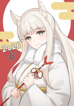 1girl 2026 absurdres adapted_costume animal_ear_fluff animal_ears arknights blunt_bangs bright_pupils closed_mouth commentary_request egasumi fingernails highres holding japanese_clothes k@bu kimono light_blush long_hair long_sleeves new_year platinum_(arknights) smile solo upper_body white_hair white_kimono white_pupils yellow_eyes