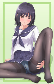 1girl akippoi_0919 black_hair black_pantyhose brown_eyes hand_on_own_thigh highres original panties pantyhose school_uniform serafuku soles spread_legs thighband_pantyhose underwear