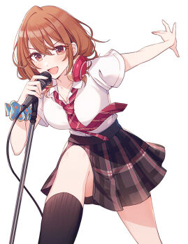 Rule 34 | 1girl, :d, black skirt, black socks, blue scrunchie, blush, breasts, collared shirt, commentary request, cover, cover image, cover page, crossed bangs, diagonal-striped clothes, diagonal-striped necktie, hair between eyes, hand up, headphones, headphones around neck, holding, holding microphone stand, kneehighs, kohinata iroha (imouuzai), large breasts, looking at viewer, loose necktie, medium hair, microphone stand, necktie, novel cover, official art, open mouth, outstretched arm, plaid clothes, plaid skirt, pleated skirt, red necktie, school uniform, scrunchie, second-party source, shirt, short sleeves, simple background, skirt, smile, socks, solo, standing, striped clothes, tomari (veryberry00), tomodachi no imouto ga ore ni dake uzai, white background, wing collar, wrist scrunchie
