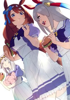 3girls absurdres ahoge animal_ears blue_bow blue_eyes blue_hairband bow bowtie braid breasts brown_hair burger closed_mouth commentary_request ear_bow ear_covers ear_ornament eating food food_on_face glutton goshichi_shoji grey_hair grey_tail hair_between_eyes hair_ornament hairband headband highres holding holding_burger holding_food horse_ears horse_girl horse_tail large_breasts long_hair multicolored_hair multicolored_hairband multiple_girls oguri_cap_(umamusume) open_mouth pleated_skirt puffy_short_sleeves puffy_sleeves purple_bow purple_bowtie purple_shirt red_headband sailor_collar sailor_shirt school_uniform shirt short_sleeves skirt small_breasts smile streaked_hair striped_clothes striped_hairband super_creek_(umamusume) tail tamamo_cross_(umamusume) teeth thighhighs tracen_school_uniform two-tone_hairband umamusume very_long_hair white_hair white_sailor_collar white_skirt white_thighhighs