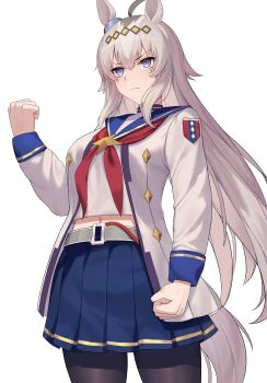 1girl absurdres ahoge animal_ears black_leggings black_pantyhose blue_eyes blue_sailor_collar blue_skirt breasts brooch closed_mouth ear_ornament grey_hair grey_tail hair_between_eyes hair_ornament hairband highres horse_ears horse_girl horse_tail jacket jewelry leggings long_hair long_sleeves medium_breasts midriff multicolored_hair navel neckerchief oguri_cap_(starlight_beat)_(umamusume) oguri_cap_(umamusume) pantyhose pleated_skirt red_neckerchief sailor_collar shirt simple_background skirt solo star_brooch tail umamusume white_background white_jacket white_shirt zcri